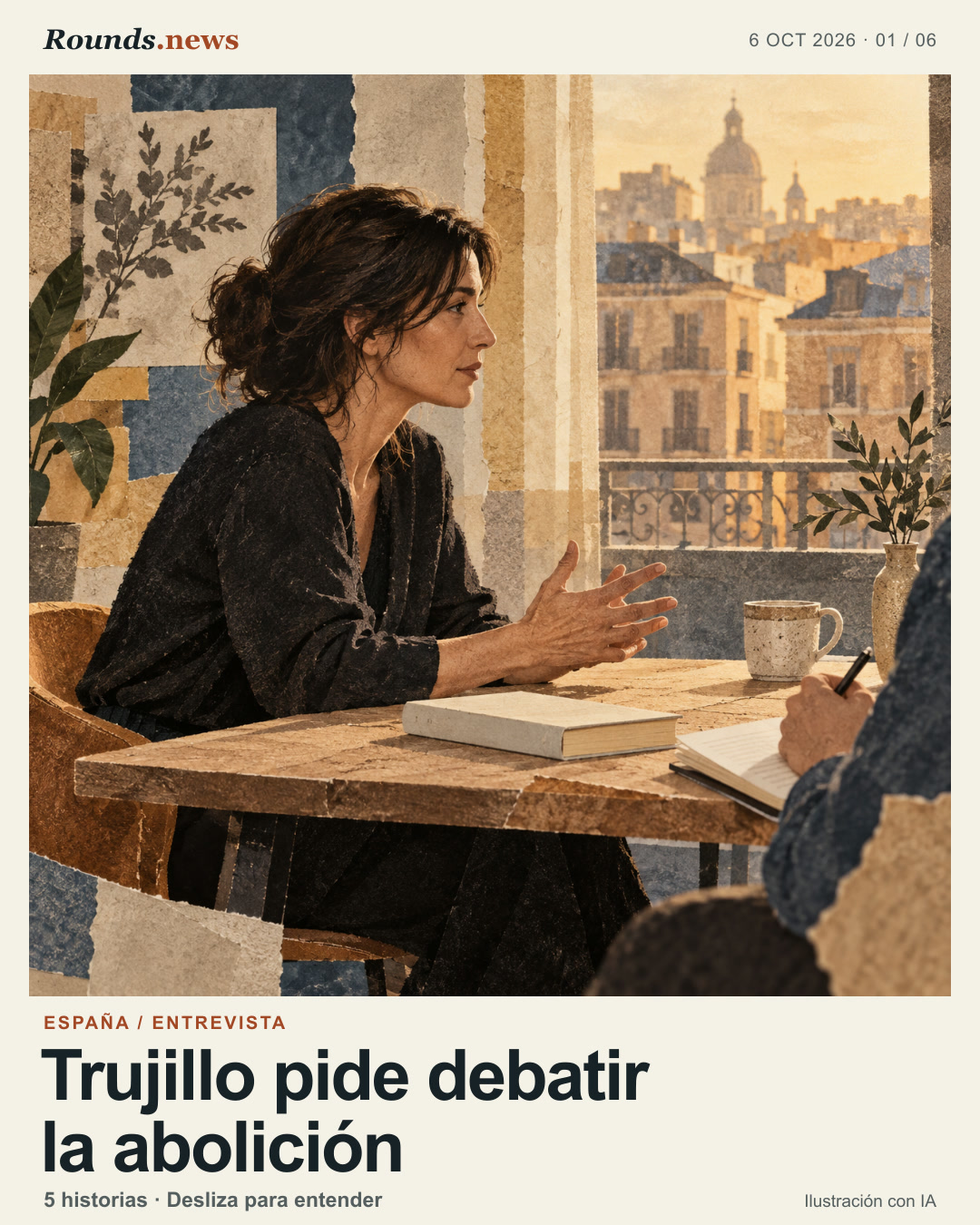 Tarjeta 1/6. Trujillo pide debatir la abolición. Una autora conversa en una entrevista junto a un libro sin título y una libreta frente a una ventana urbana. Ilustración editorial con IA. Rounds.news AI-generated illustration. Fuente: ABC Cultura.