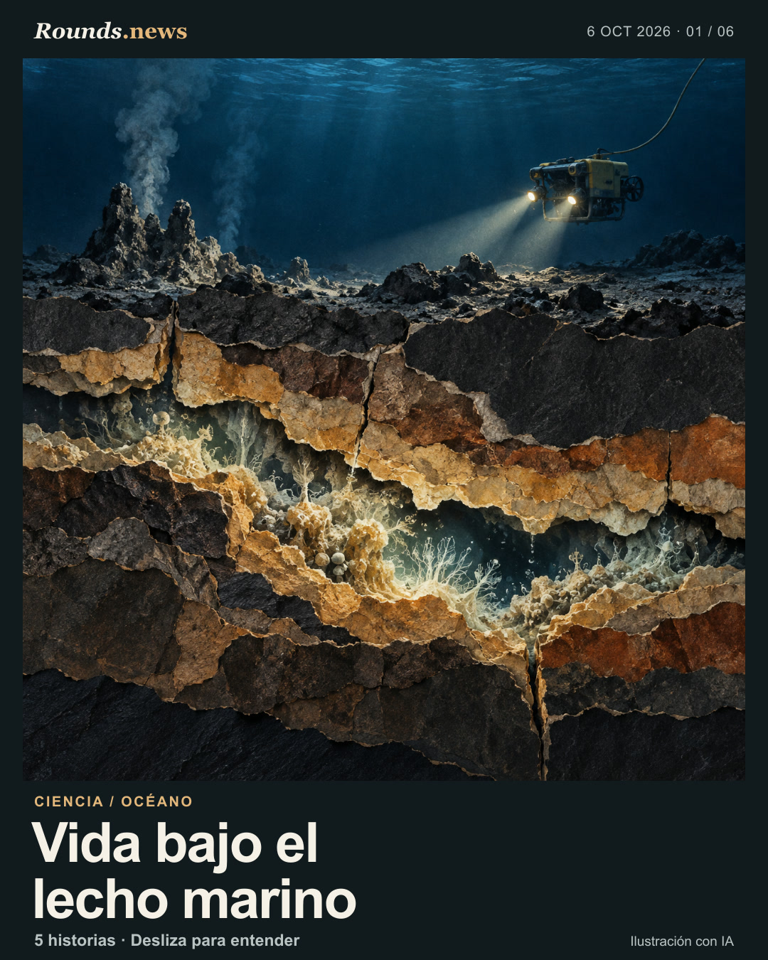 Tarjeta 1/6. Vida bajo el lecho marino. Un pequeño sumergible ilumina un fondo marino oscuro; bajo una sección rocosa aparecen microorganismos abstractos entre grietas. Ilustración editorial con IA. Ilustración generada por IA para Rounds.news. Fuente: El Confidencial Tecnología.