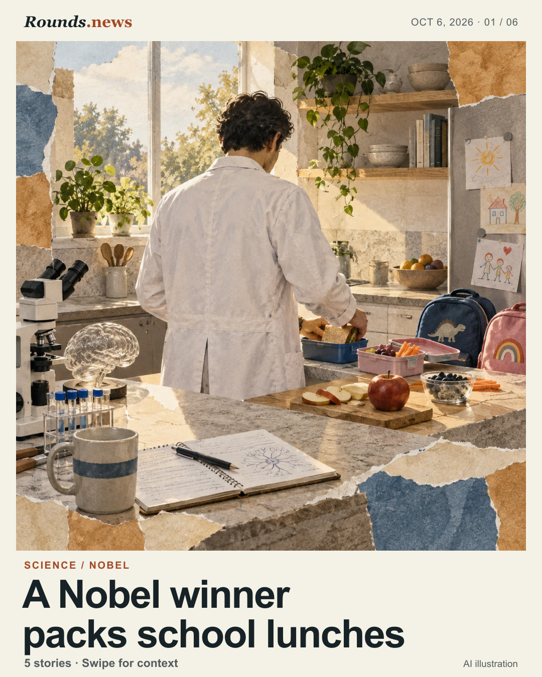 Card 1/6. A Nobel winner packs school lunches. An anonymous scientist in a white coat packs school lunches in a bright kitchen beside a notebook and laboratory equipment. AI editorial illustration. AI-generated illustration for Rounds.news. Source: Phys.org.