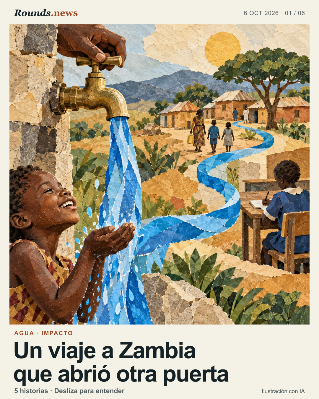 Tarjeta 1/6. Un viaje a Zambia que abrió otra puerta. Grifo abierto, cinta azul de agua que conecta hogares y un pupitre escolar; collage conceptual de acceso al agua. Ilustración editorial con IA. Ilustración editorial propia de Rounds.news, generada con IA. Fuente: Xataka.