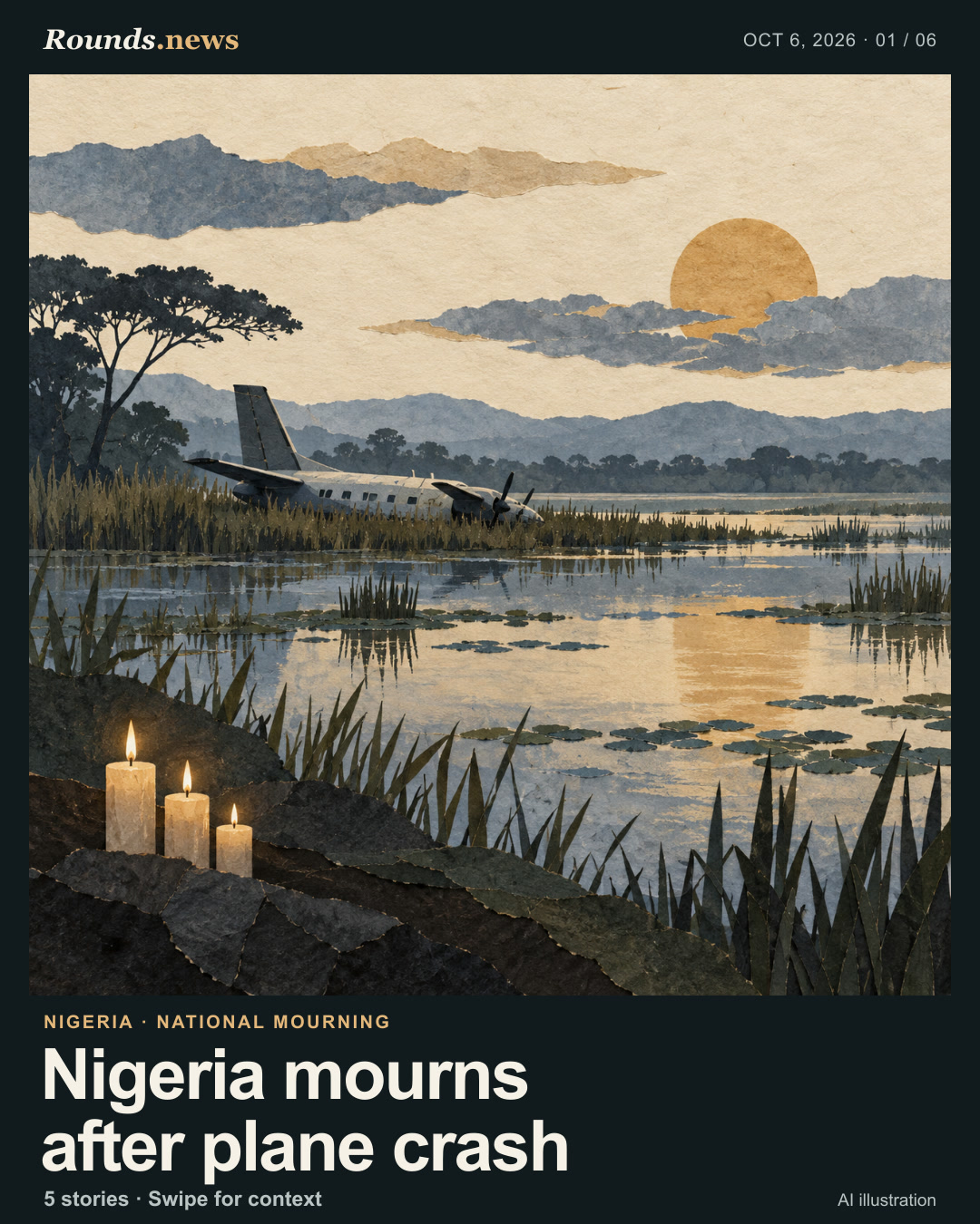 Card 1/6. Nigeria mourns after plane crash. A plane rests in a reed-filled wetland at dusk with three candles in the foreground. AI editorial illustration. Rounds.news staff illustration generated with AI. Source: BBC World.