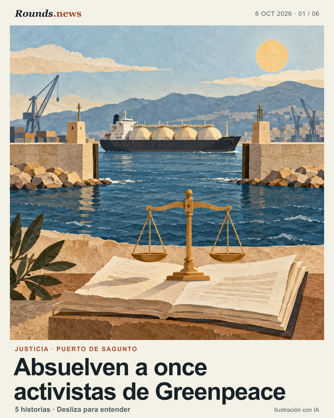 Tarjeta 1/6. Absuelven a once activistas de Greenpeace. Ilustración en collage de un buque gasero en un puerto mediterráneo y una balanza judicial sobre documentos. Ilustración editorial con IA. Original AI illustration created for Rounds.news. Fuente: Infobae.