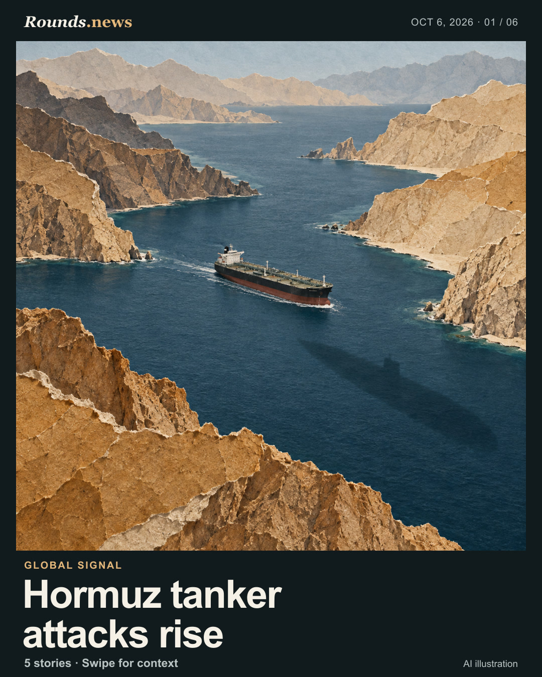 Card 1/6. Hormuz tanker attacks rise. An oil tanker crosses a narrow blue channel between steep rocky coastlines. Editorial illustration, not a depiction of a specific attack. AI editorial illustration. Rounds.news editorial illustration, generated with AI. Source: CNBC.