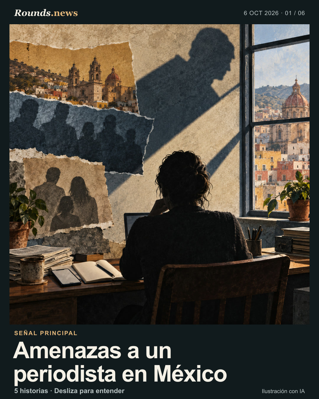 Tarjeta 1/6. Amenazas a un periodista en México. Silueta de una persona en un escritorio de redacción, con cuaderno y teléfono de pantalla en blanco; sombras largas cruzan la habitación. Ilustración editorial con IA. Ilustración editorial de Rounds.news, generada con IA. Fuente: Infobae.