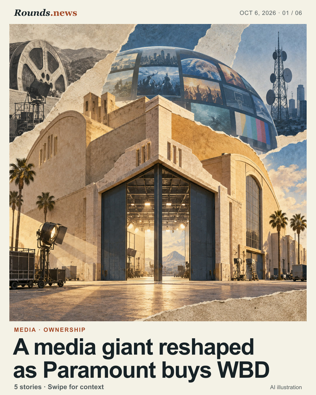 Card 1/6. A media giant reshaped as Paramount buys WBD. Editorial collage of a film studio soundstage merging with a broadcast network landscape. AI editorial illustration. Rounds.news AI illustration. Source: CNBC.