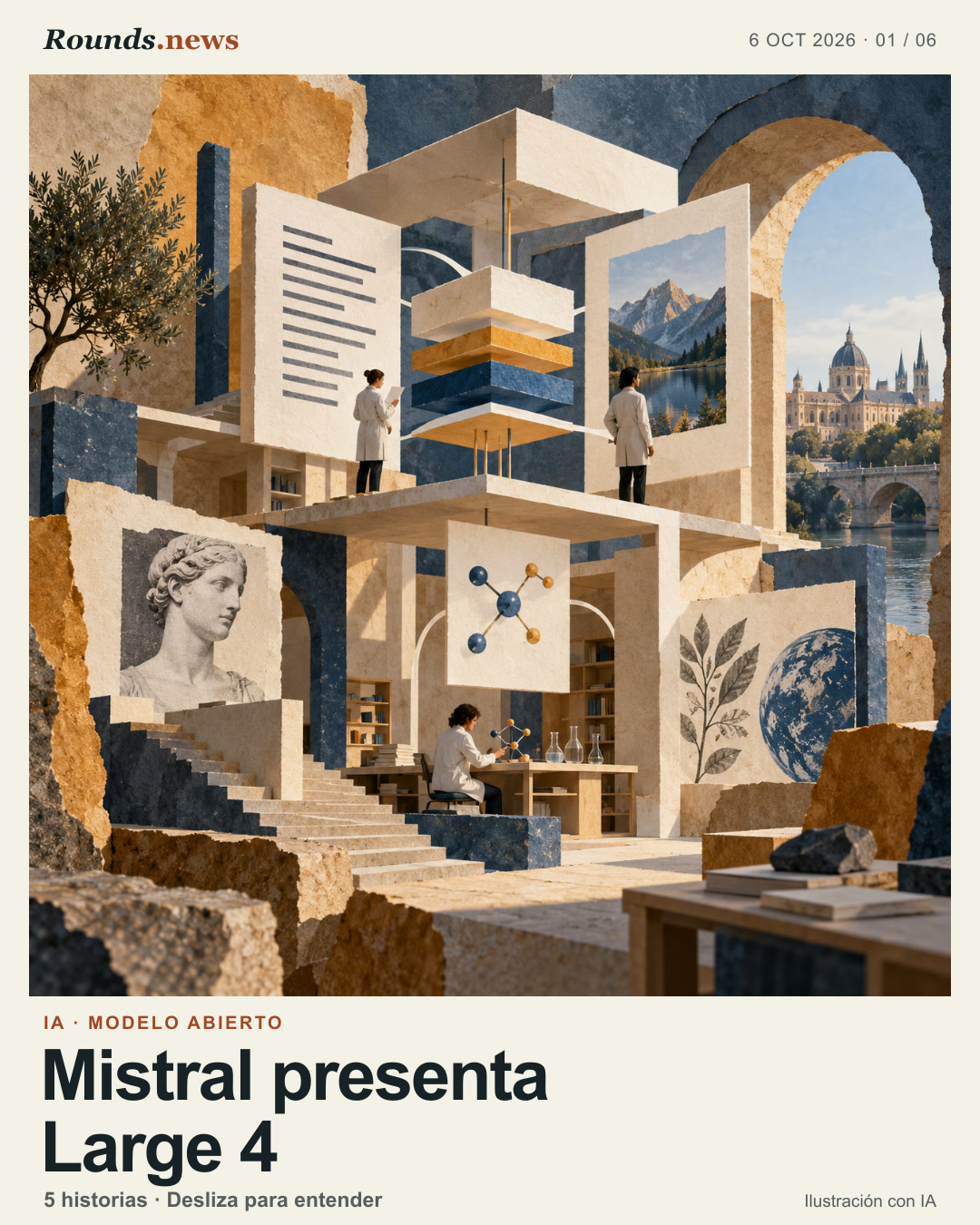 Tarjeta 1/6. Mistral presenta Large 4. Collage de arquitectura de laboratorio en capas abiertas, investigadores y motivos de texto, imagen y ciencia. Ilustración editorial con IA. Rounds.news ilustración con IA. Fuente: Xataka.