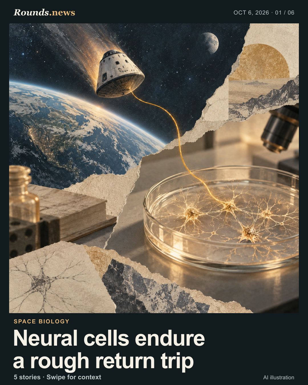 Card 1/6. Neural cells endure a rough return trip. Conceptual collage of an orbital return capsule above Earth connected by a warm thread to a neural-cell culture dish in a laboratory. AI editorial illustration. Rounds.news original AI illustration. Source: Phys.org.