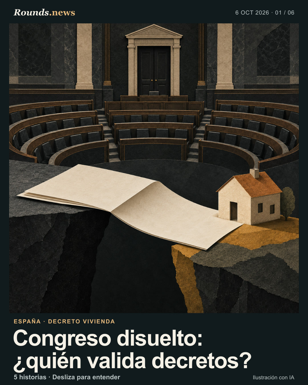 Tarjeta 1/6. Congreso disuelto: ¿quién valida decretos?. Cámara parlamentaria vacía; un documento legal en blanco conecta las bancas con una pequeña casa. Ilustración editorial con IA. Rounds.news original AI illustration. Fuente: Expansión.