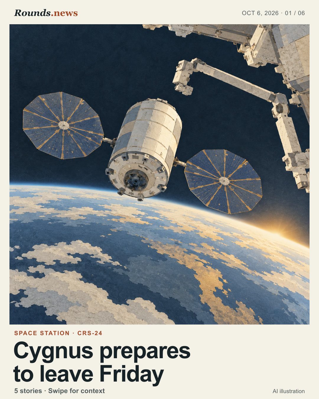 Card 1/6. Cygnus prepares to leave Friday. Unbranded cargo spacecraft with broad solar arrays floats near a space station arm above Earth. AI editorial illustration. Rounds.news original AI illustration. Source: NASA.
