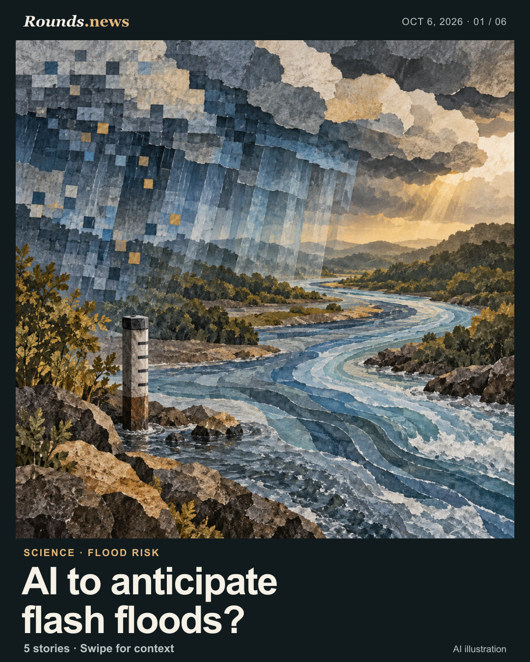 Card 1/6. AI to anticipate flash floods?. Rain bands over a swollen river beside a water-level gauge. AI editorial illustration. Rounds.news original AI illustration. Source: Phys.org.