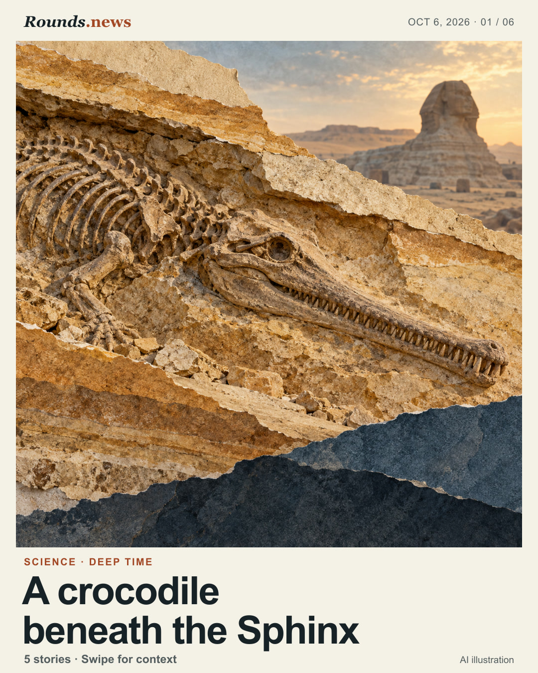 Card 1/6. A crocodile beneath the Sphinx. A long-snouted fossil crocodile skeleton lies in layered Egyptian limestone, with the Great Sphinx in the distance. AI editorial illustration. Original AI illustration by Rounds.news. Source: Phys.org.