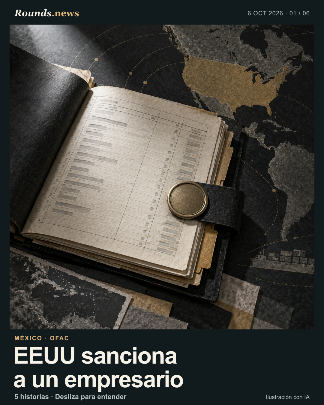 Tarjeta 1/6. EEUU sanciona a un empresario. Expediente financiero ficticio con un sello liso sobre un mapa abstracto de Norteamérica. Ilustración editorial con IA. Ilustración original de IA por Rounds.news. Fuente: Infobae.