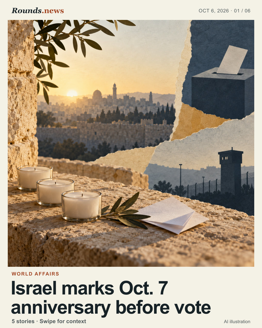 Card 1/6. Israel marks Oct. 7 anniversary before vote. Paper collage of memorial candles on a stone ledge, with a distant city and a separate ballot-box silhouette. AI editorial illustration. Original AI illustration by Rounds.news. Source: France 24.