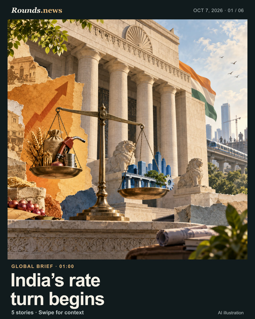 Card 1/6. India’s rate turn begins. Conceptual Indian civic portico, layered inflation arrow and balance scale for a story about the RBI rate increase. AI editorial illustration. Original AI illustration by Rounds.news. Source: CNBC.