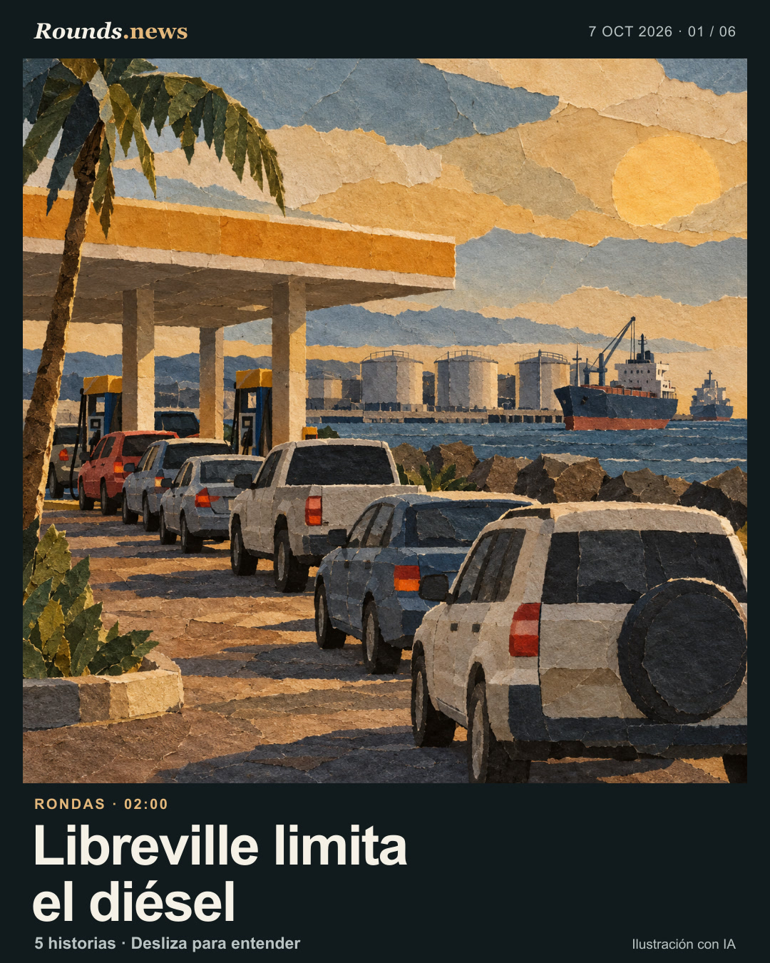 Tarjeta 1/6. Libreville limita el diésel. Fila de autos genéricos ante una estación sin rótulos, con depósitos y barcos en el horizonte. Ilustración editorial con IA. Ilustración original de IA por Rounds.news. Fuente: Euronews.