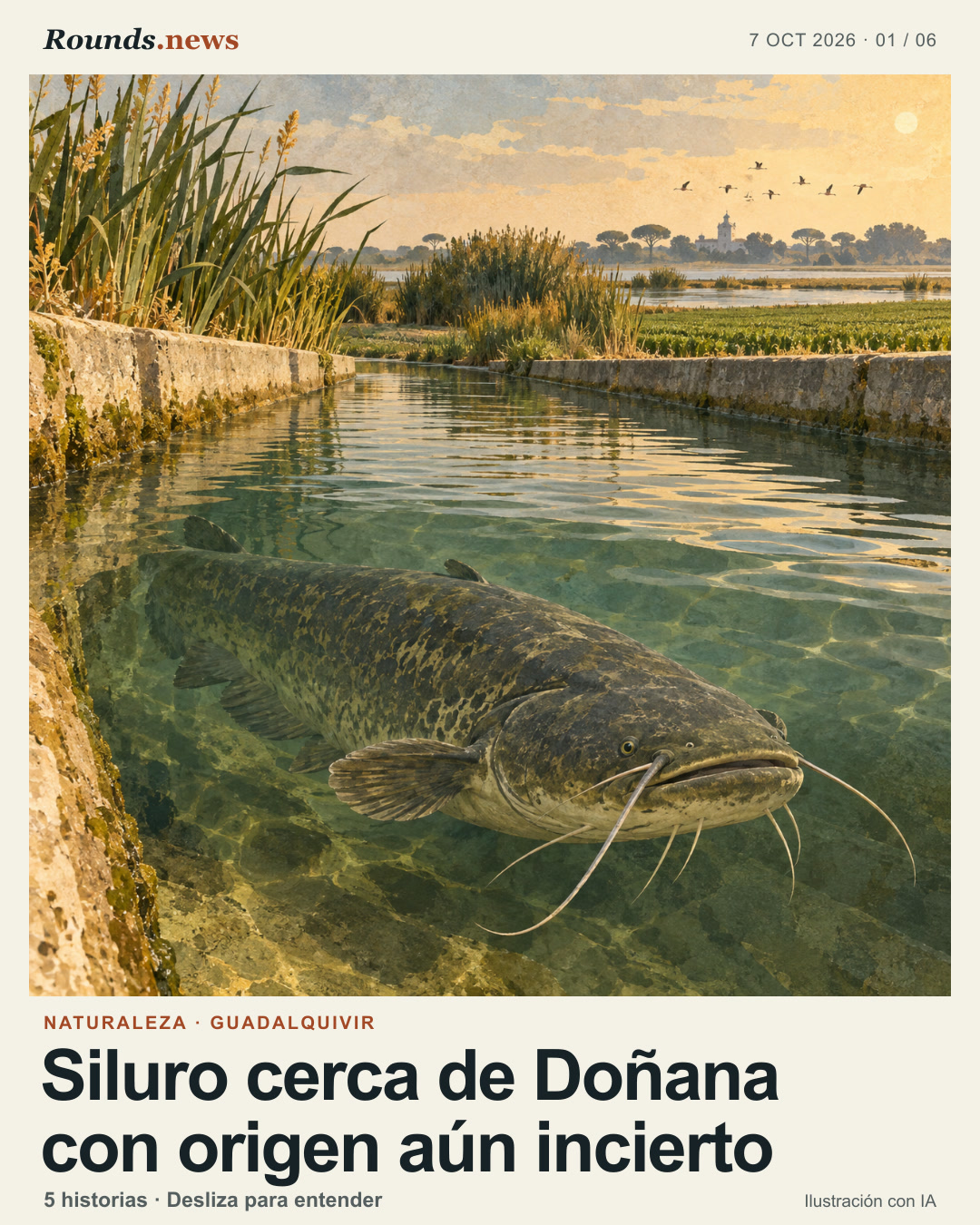 Tarjeta 1/6. Siluro cerca de Doñana con origen aún incierto. Ilustración de un siluro grande nadando por un canal de riego con cañaverales y marismas al horizonte. Ilustración editorial con IA. Ilustración original con IA de Rounds.news. Fuente: Xataka.