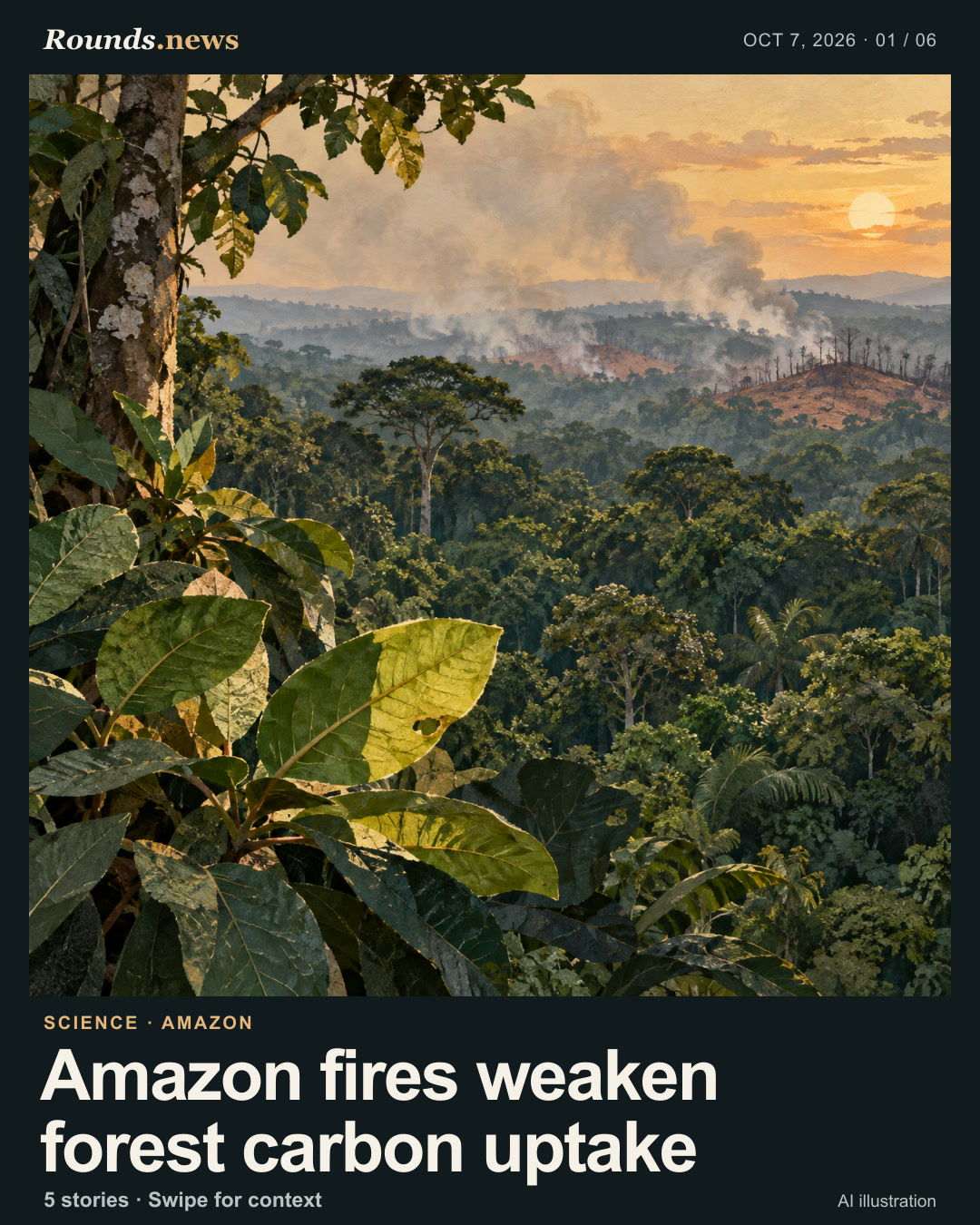 Card 1/6. Amazon fires weaken forest carbon uptake. Conceptual view across rainforest canopy with healthy foreground leaves, distant haze and a small area of burned trees at sunset. AI editorial illustration. Original AI illustration by Rounds.news. Source: Phys.org.