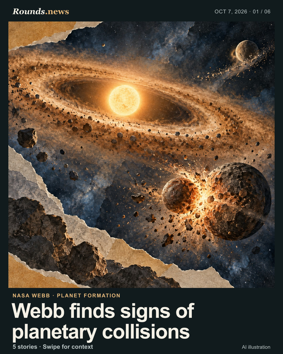 Card 1/6. Webb finds signs of planetary collisions. A young star surrounded by a dusty disk where rocky worlds may collide AI editorial illustration. OpenAI image generation; created for Rounds.news by Codex. Source: ScienceDaily.