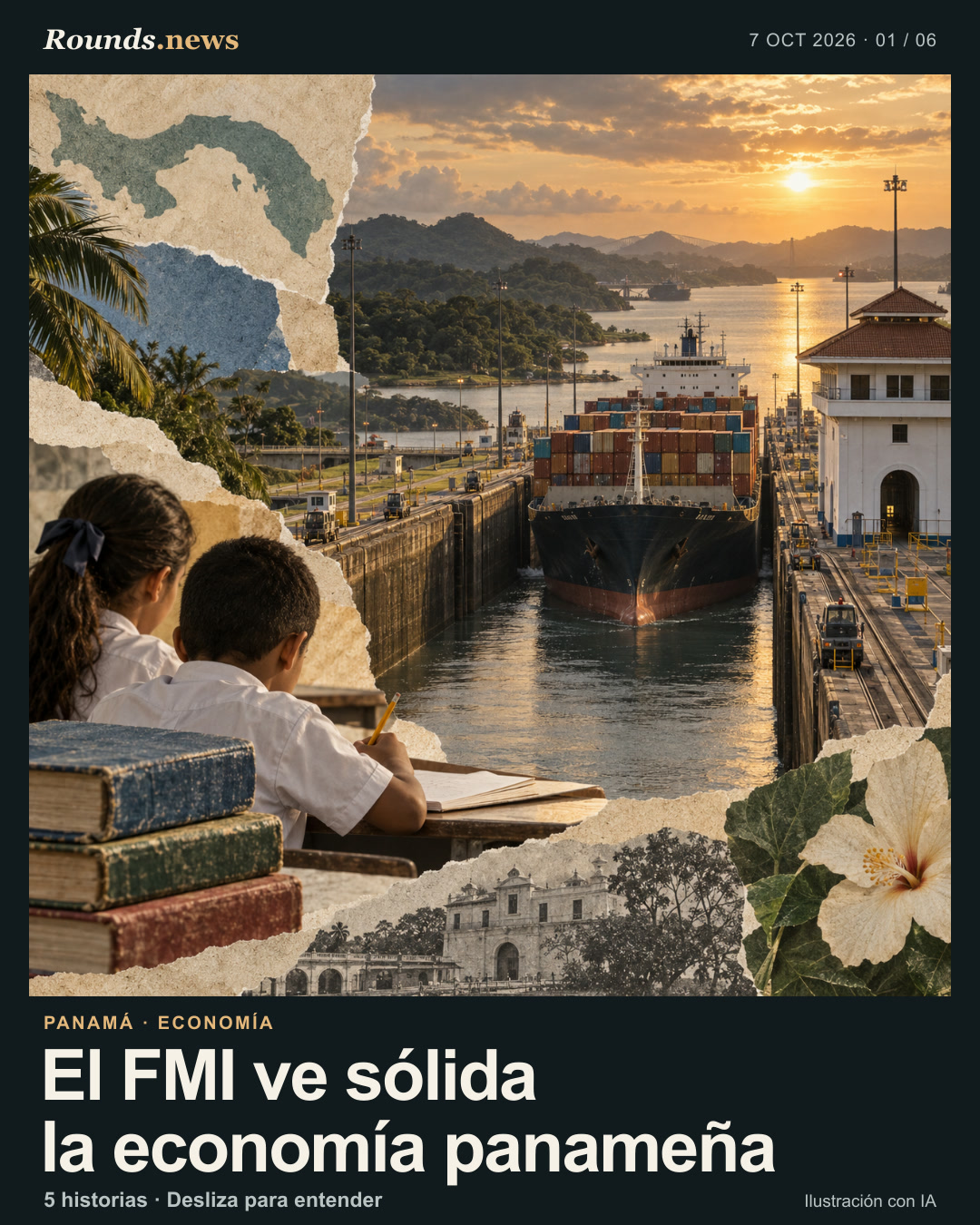 Tarjeta 1/6. El FMI ve sólida la economía panameña. Canal de Panamá con un buque de carga, compuertas y una persona estudiando en primer plano Ilustración editorial con IA. OpenAI image generation; created for Rounds.news by Codex. Fuente: Infobae.