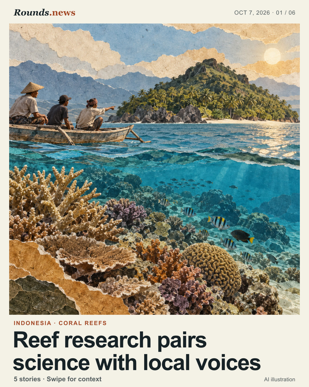 Card 1/6. Reef research pairs science with local voices. Coral reef, fish and three local observers in a small boat beside an Indonesian island AI editorial illustration. OpenAI image generation; created for Rounds.news by Codex. Source: Phys.org.