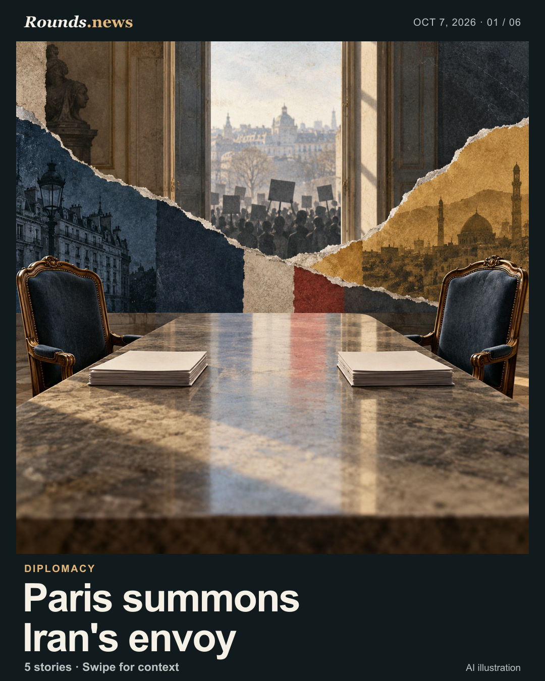 Card 1/6. Paris summons Iran's envoy. Two empty diplomatic chairs face across a stone table with separate blank folders; a distant abstract crowd and torn-paper city silhouettes suggest reciprocal tension, not a documented meeting. AI editorial illustration. OpenAI image generation; created for Rounds.news by Codex. Source: France 24.