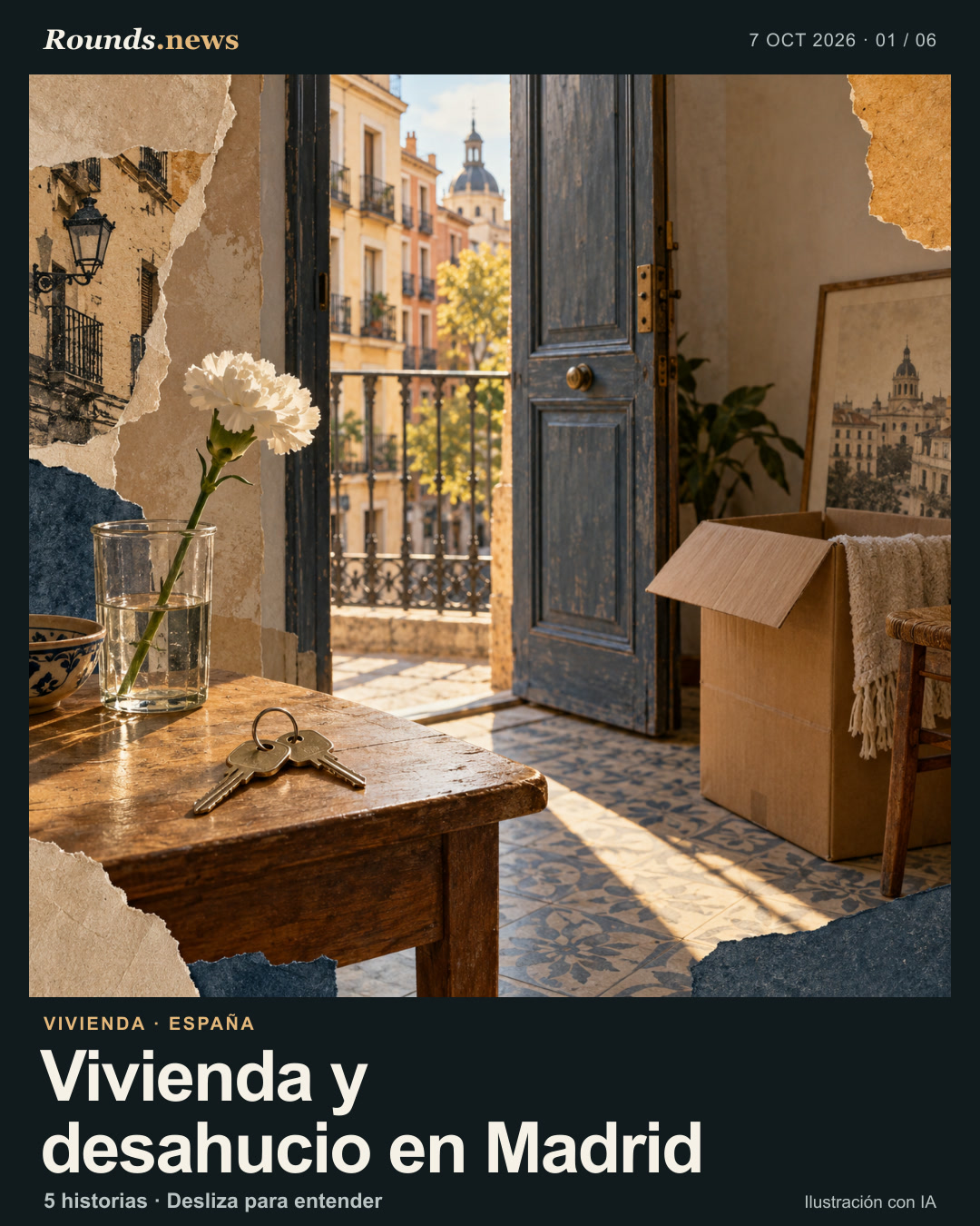 Tarjeta 1/6. Vivienda y desahucio en Madrid. Ilustración simbólica de una puerta de vivienda madrileña abierta, llaves sobre una mesa, una caja de mudanza y una flor; sin persona representada ni causa médica sugerida. Ilustración editorial con IA. OpenAI image generation; created for Rounds.news by Codex. Fuente: AS.