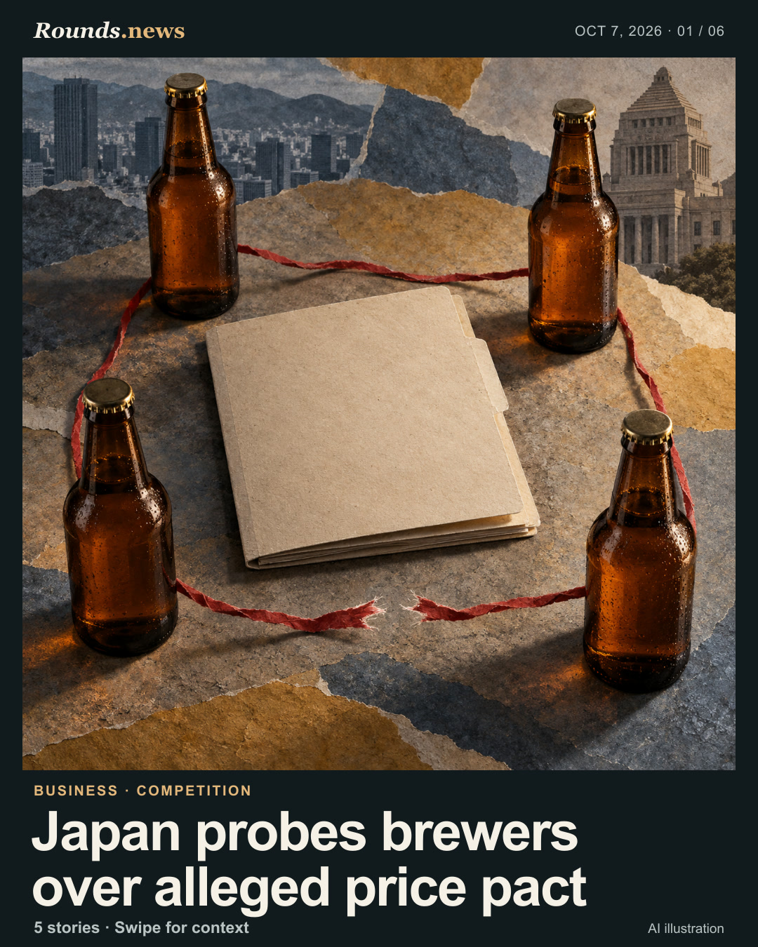 Card 1/6. Japan probes brewers over alleged price pact. Conceptual still life of four unmarked amber bottles around a blank case folder and a torn thread; it symbolizes an investigation, not a proven cartel finding. AI editorial illustration. Rounds.news editorial illustration, made with AI. Source: BBC World.
