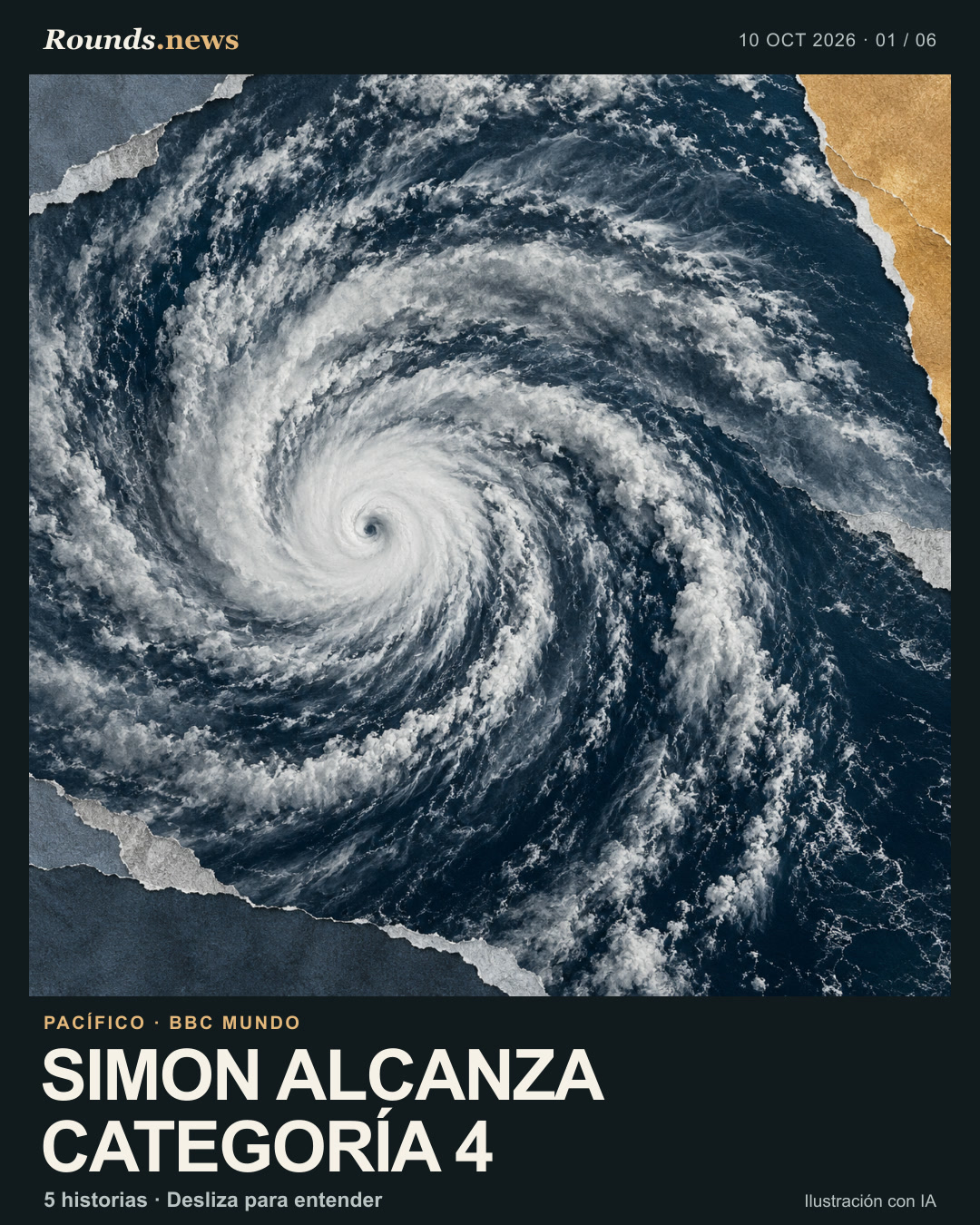 Tarjeta 1/6. SIMON ALCANZA CATEGORÍA 4. Ilustración conceptual de bandas de nubes formando un ciclón sobre el océano; no muestra una trayectoria ni un impacto. Ilustración editorial con IA. Ilustración original de Rounds.news, generada con IA. Fuente: BBC Mundo.