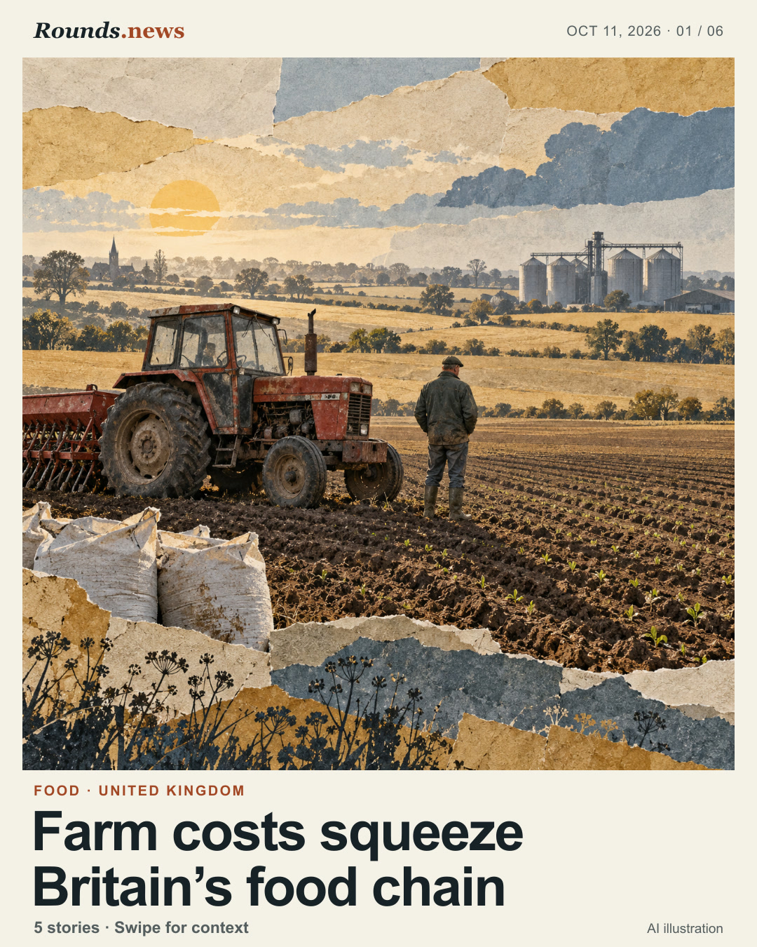 Card 1/6. Farm costs squeeze Britain’s food chain. Tractor, grower, crop rows and grain silos across a Norfolk field AI editorial illustration. Ilustración propia generada con IA. Source: Guardian Business.
