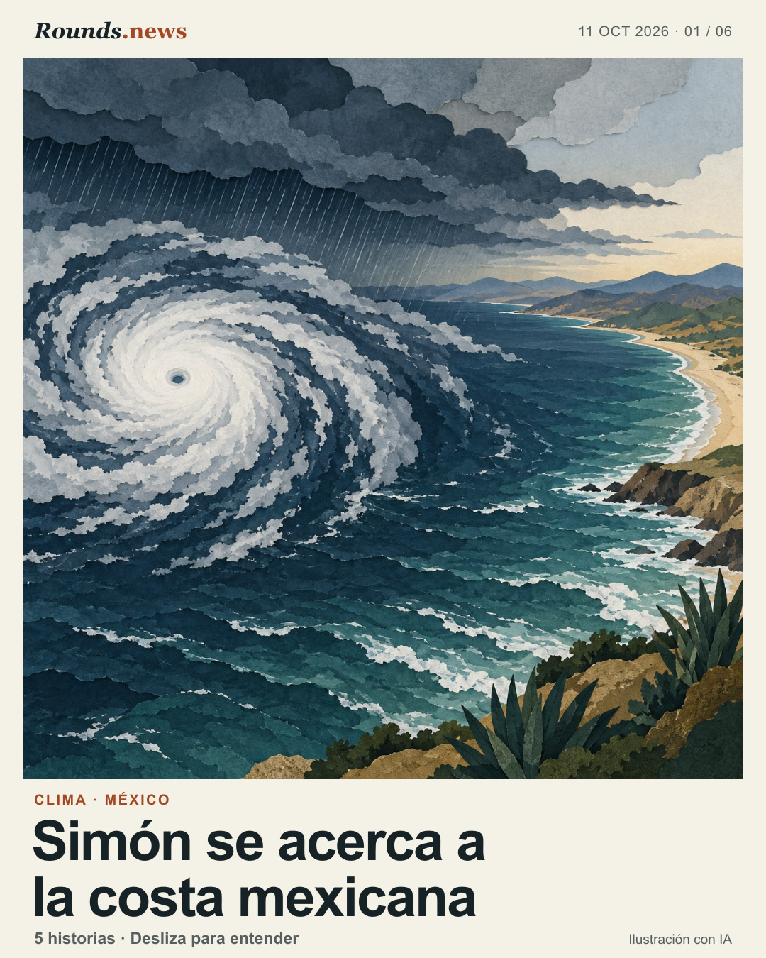 Tarjeta 1/6. Simón se acerca a la costa mexicana. Collage de un ciclón aún sobre el Pacífico, con lluvia y costa mexicana a distancia; no representa impacto en tierra. Ilustración editorial con IA. Ilustración propia generada con IA. Fuente: Infobae.