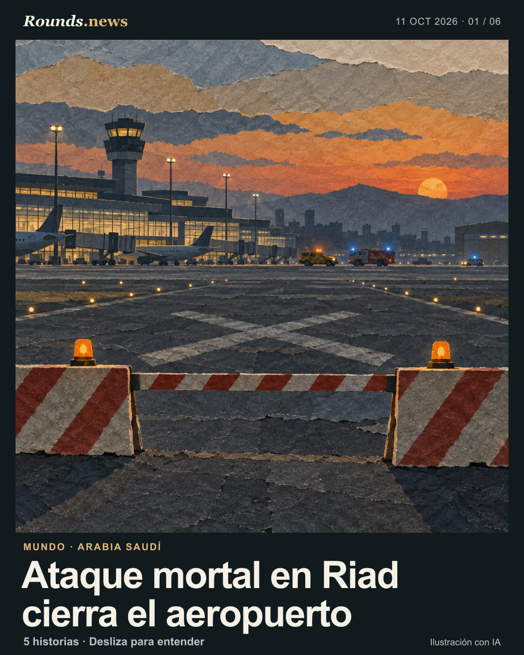 Tarjeta 1/6. Ataque mortal en Riad cierra el aeropuerto. Aeropuerto conceptual con pista vacía y cerrada, terminal al atardecer y vehículos de emergencia a lo lejos; no se muestran daños ni víctimas. Ilustración editorial con IA. Ilustración original creada con IA. Fuente: BBC Mundo.