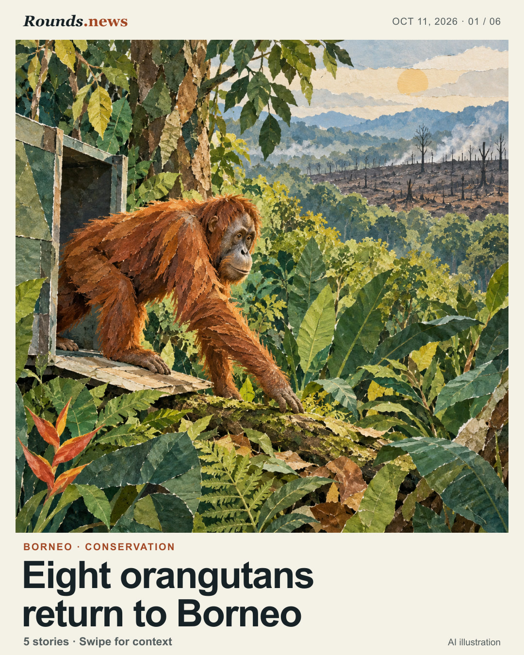 Card 1/6. Eight orangutans return to Borneo. An illustrated orangutan moves from a transport platform into green Borneo forest regrowth, with a distant band of burned trees. AI editorial illustration. Rounds.news; AI-generated editorial illustration. Source: BBC World.