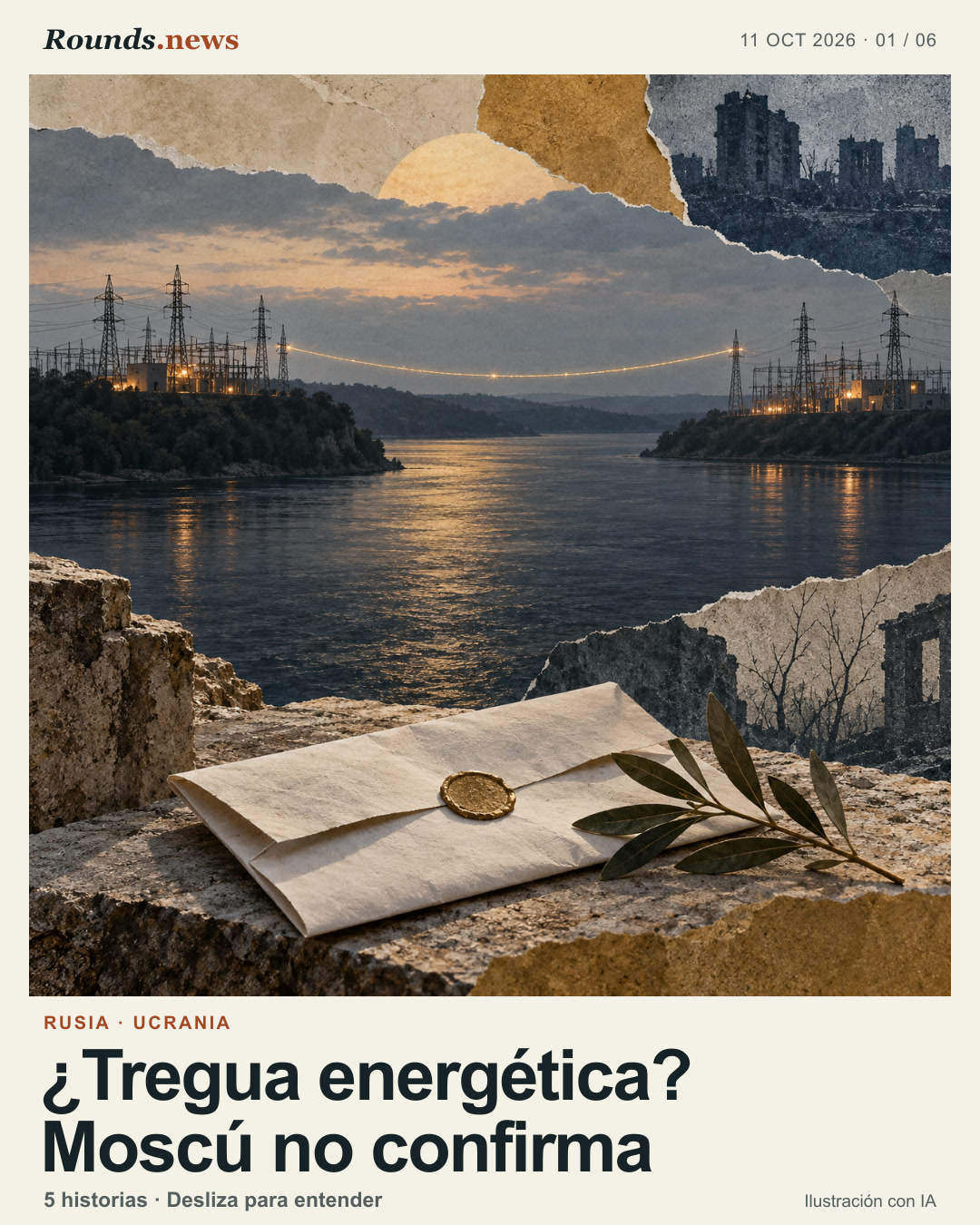 Tarjeta 1/6. ¿Tregua energética? Moscú no confirma. Collage conceptual: dos subestaciones eléctricas en riberas opuestas se conectan por una línea tenue de luz; un documento doblado aparece en primer plano. Ilustración editorial con IA. Ilustración editorial original generada con IA por Rounds.news. Fuente: El País.