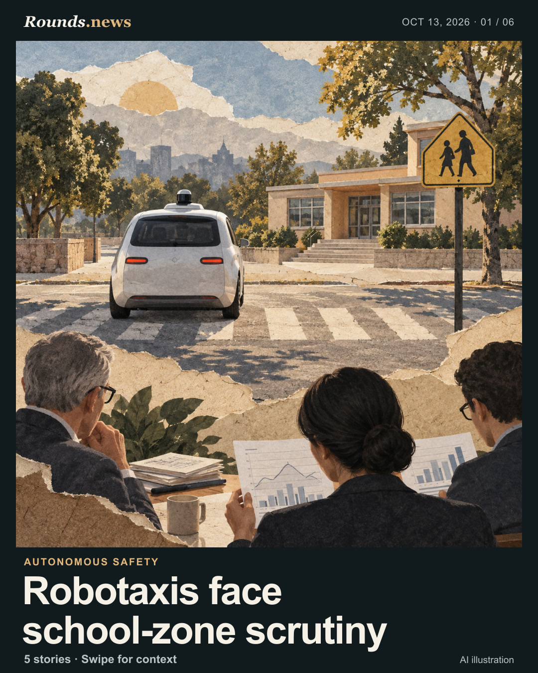Card 1/6. Robotaxis face school-zone scrutiny. AI-generated editorial illustration: a driverless taxi approaches a school crossing sign in front of a low school building while two observers review papers in the foreground; conceptual depiction, not an actual event photograph. AI editorial illustration. Editorial illustration generated with OpenAI for Rounds.news. Source: The Verge.
